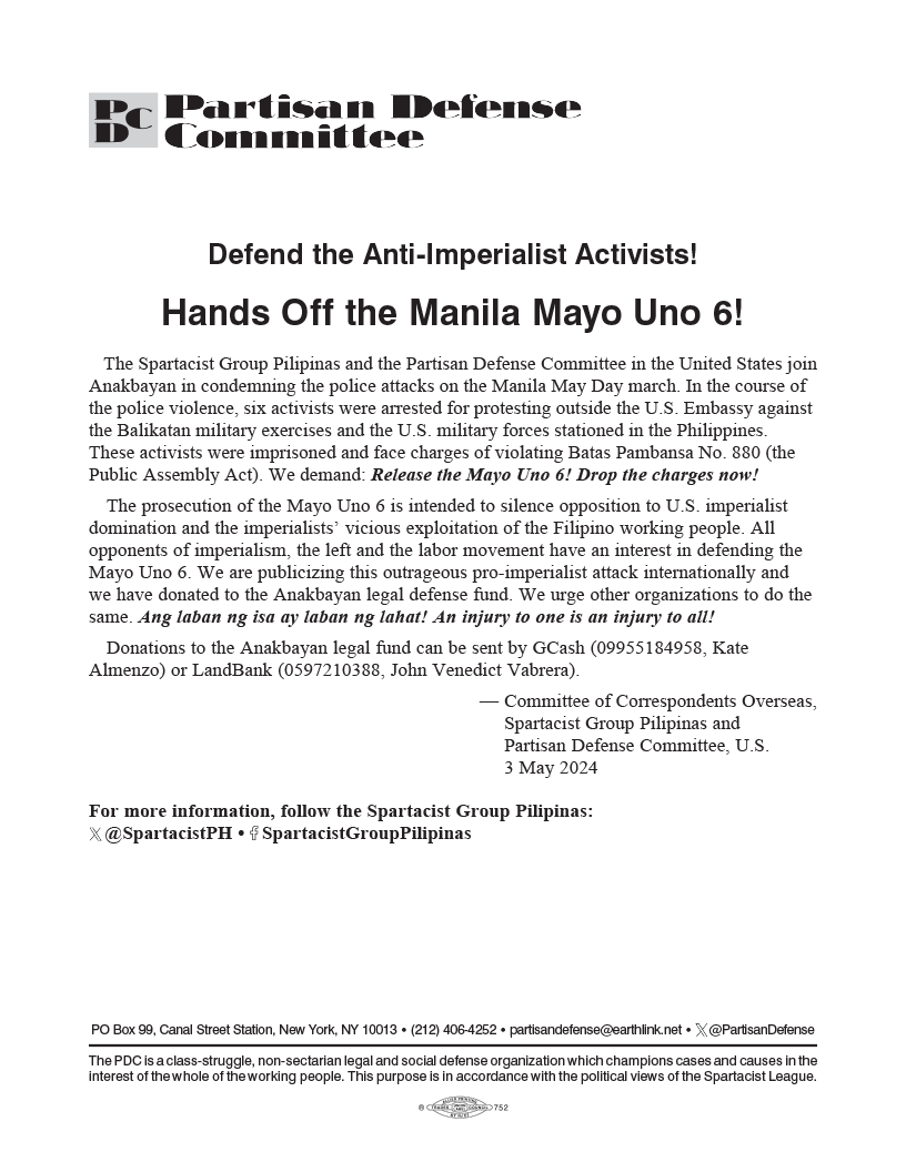 Hands Off the Manila Mayo Uno 6!  |  3 maggio 2024