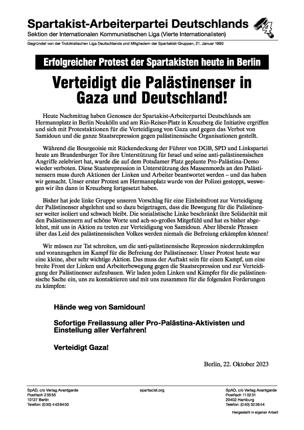Spartakist-Arbeiterpartei Deutschlands Erklärung  |  22 de outubro de 2023
