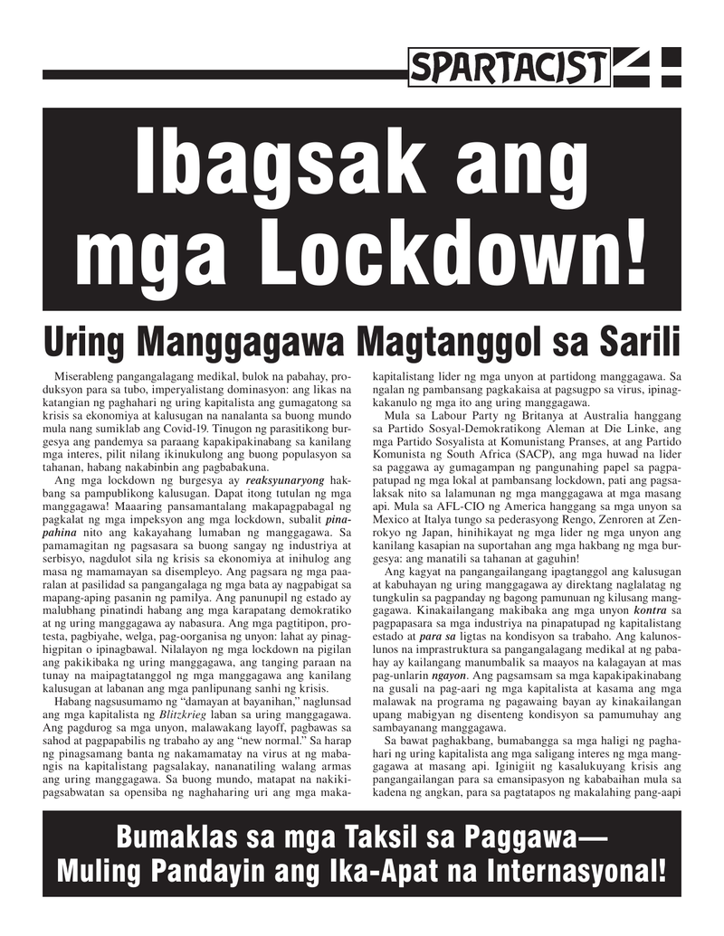 Ibagsak ang mga Lockdown! - Uring Manggagawa Magtanggol sa Sarili  |  1 Οκτωβρίου 2021