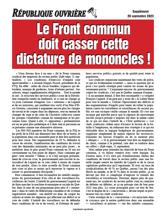 Le Front commun doit casser cette dictature de mononcles !  |  20 septembre 2023