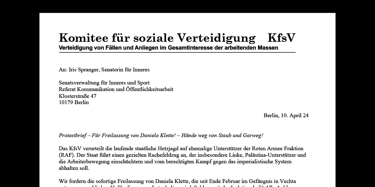 Für Freilassung von Daniela Klette! – Hände weg von Staub und Garweg!  |  10 April 2024