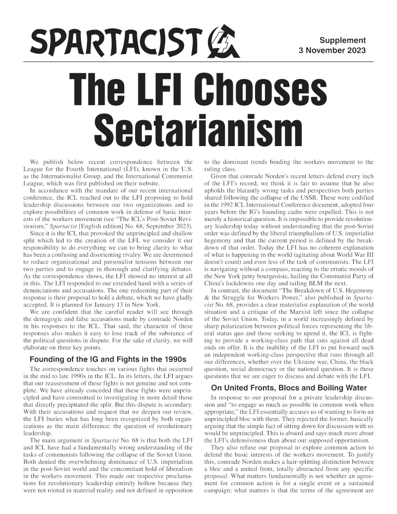 The LFI Chooses Sectarianism  |  3 November 2023